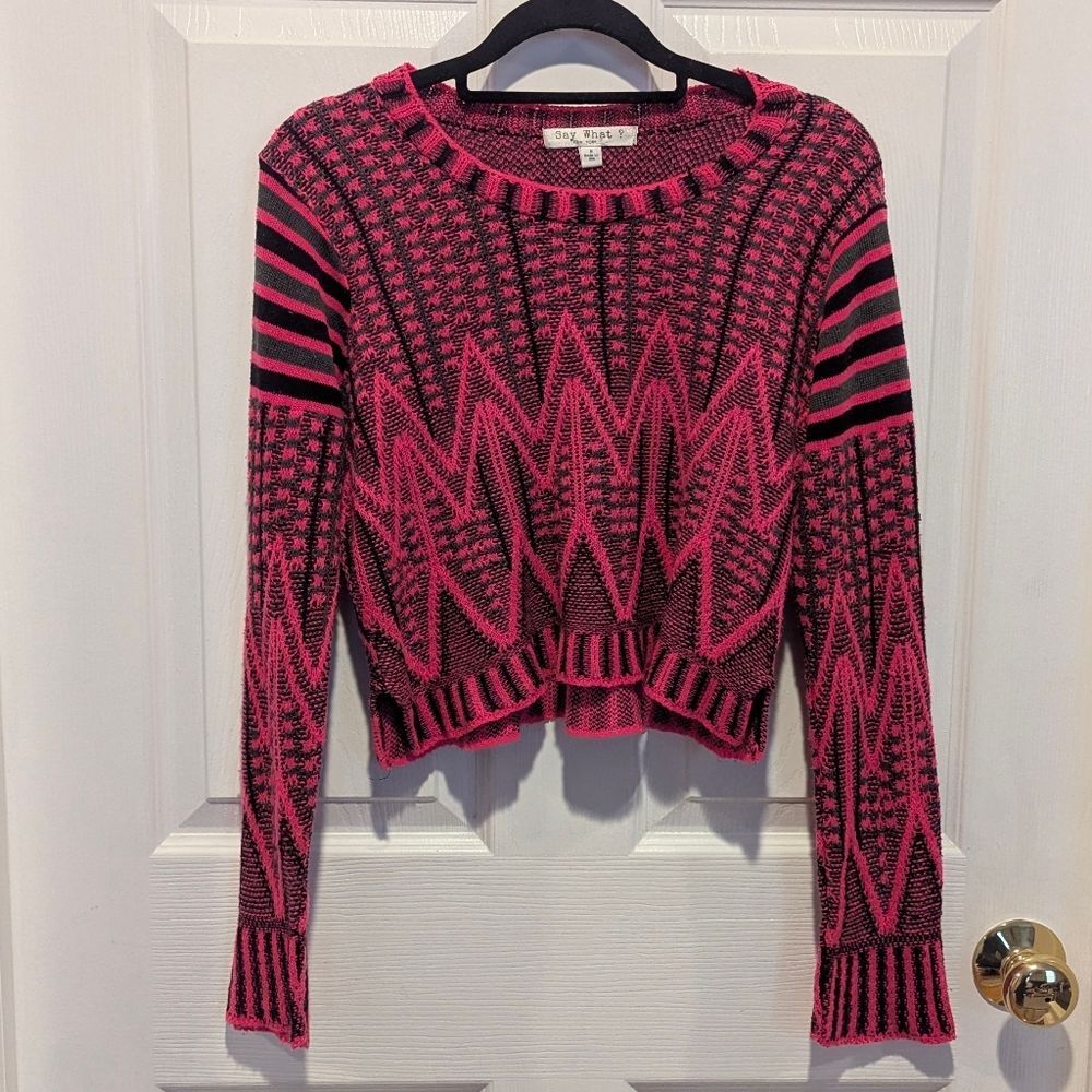 Y2K Indie‎ Sleaze Hot Pink Chevron Crop Sweater Scene Girl Grunge Goth USA M